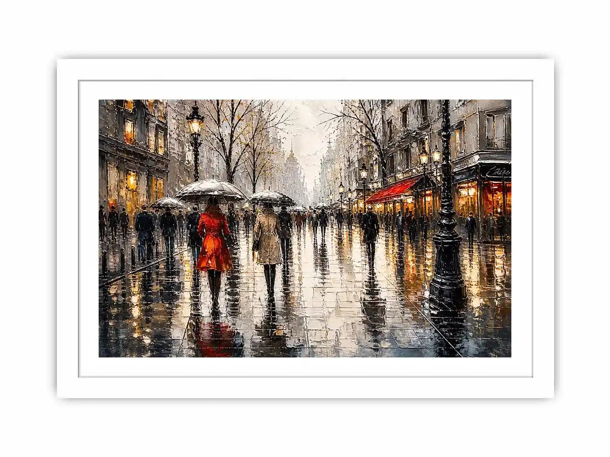 A rainy boulevard with warm lights