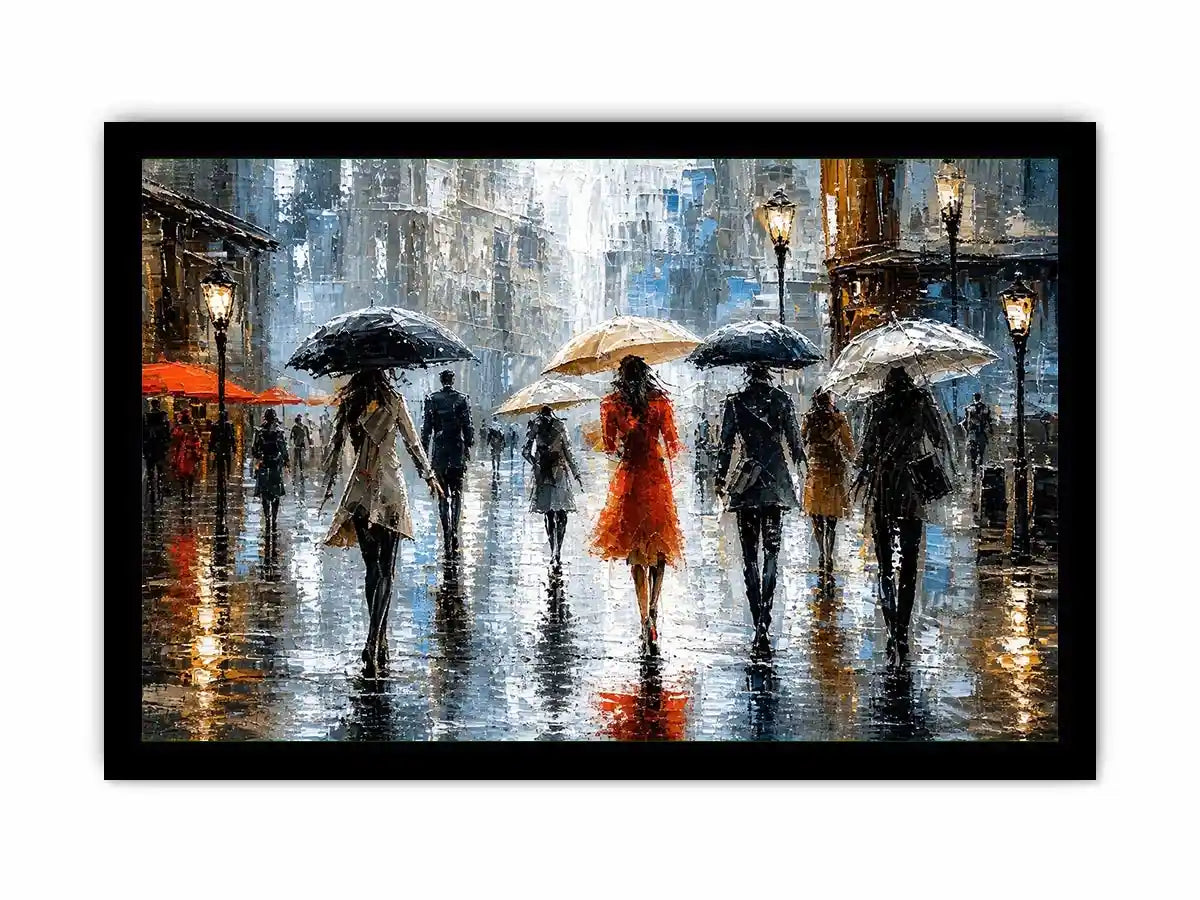 Rainy city stroll at dusk