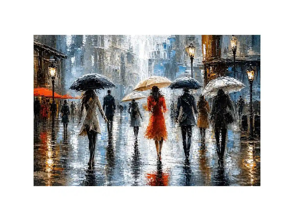 Rainy city stroll at dusk