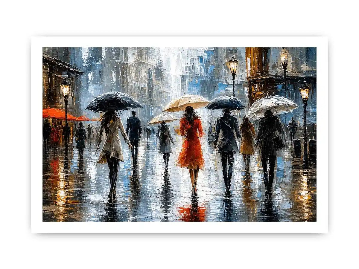 Rainy city stroll at dusk