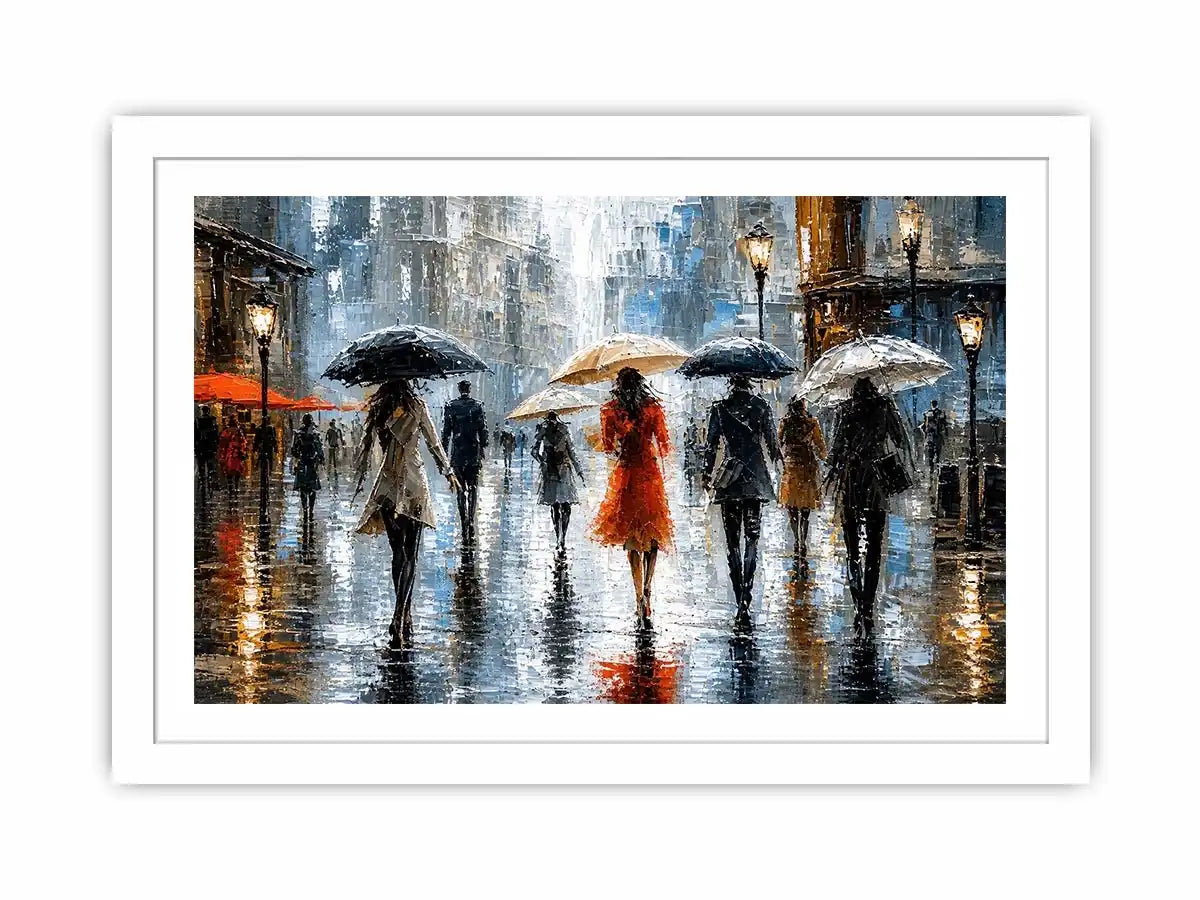 Rainy city stroll at dusk