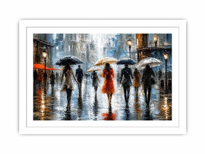 Rainy city stroll at dusk