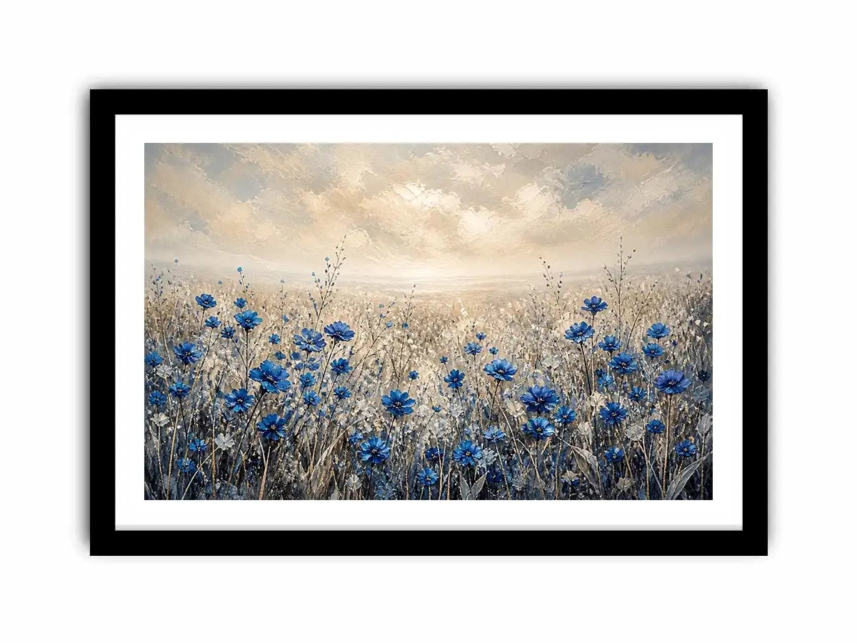 Blue wildflowers in a foggy field