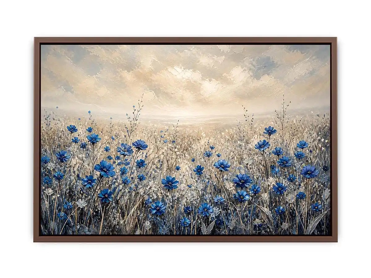 Blue wildflowers in a foggy field