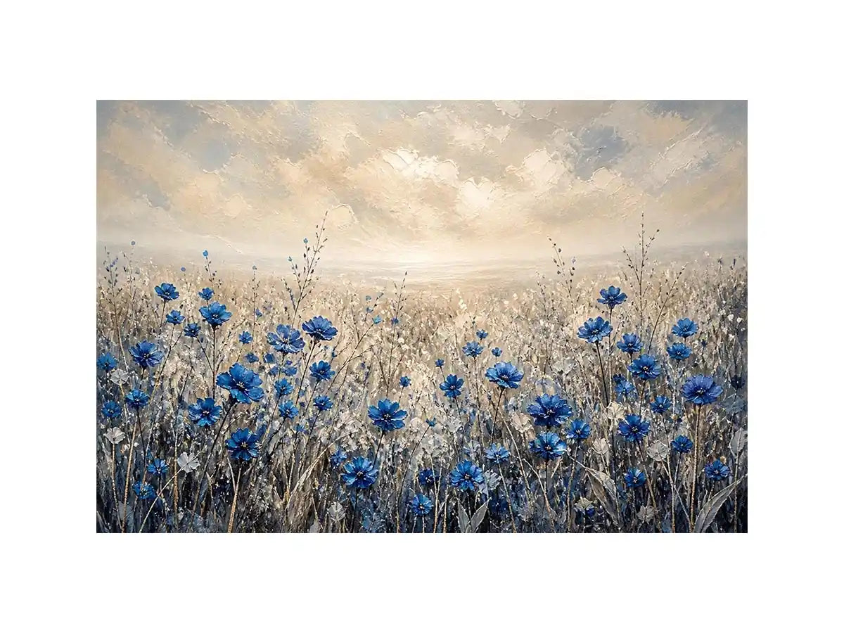 Blue wildflowers in a foggy field