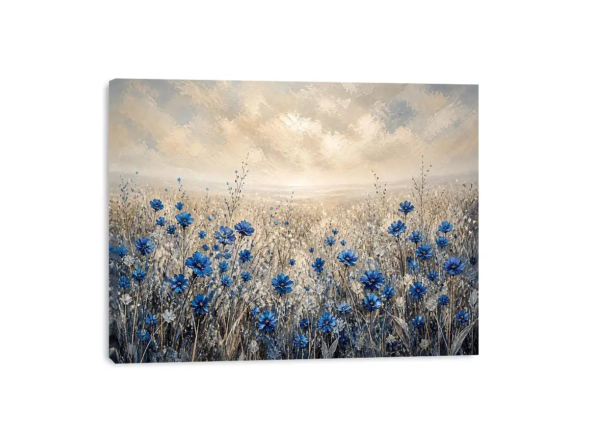 Blue wildflowers in a foggy field