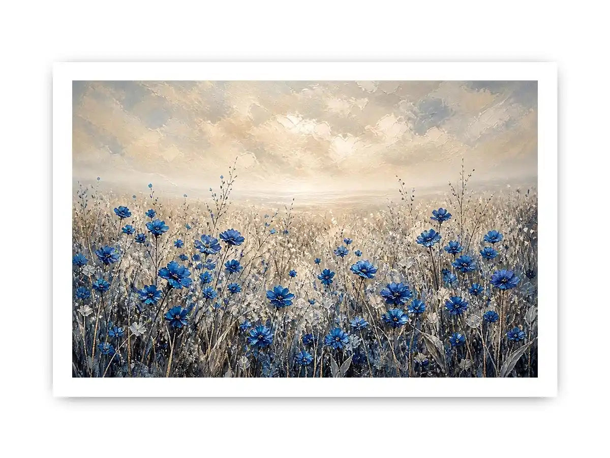 Blue wildflowers in a foggy field
