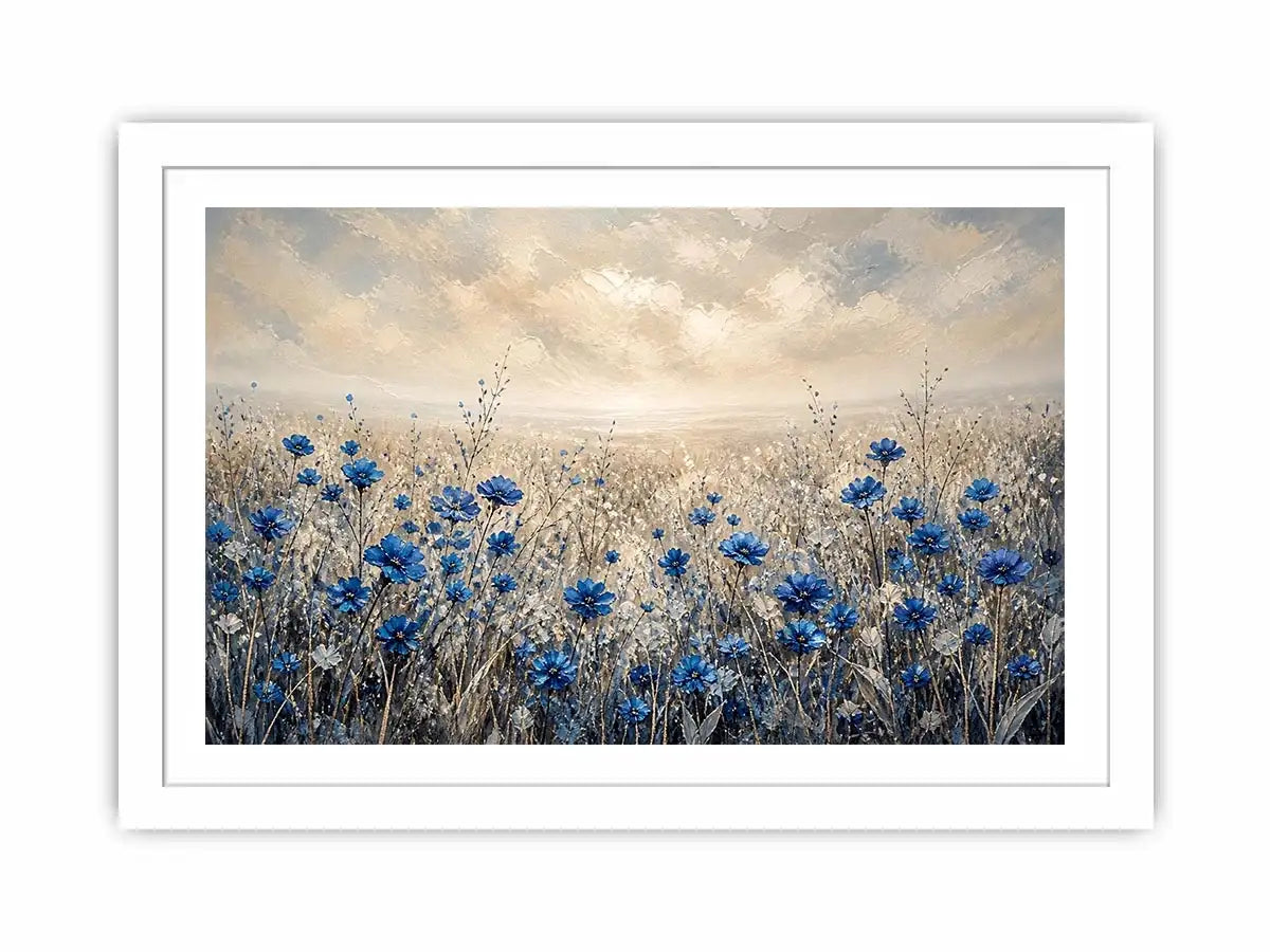 Blue wildflowers in a foggy field