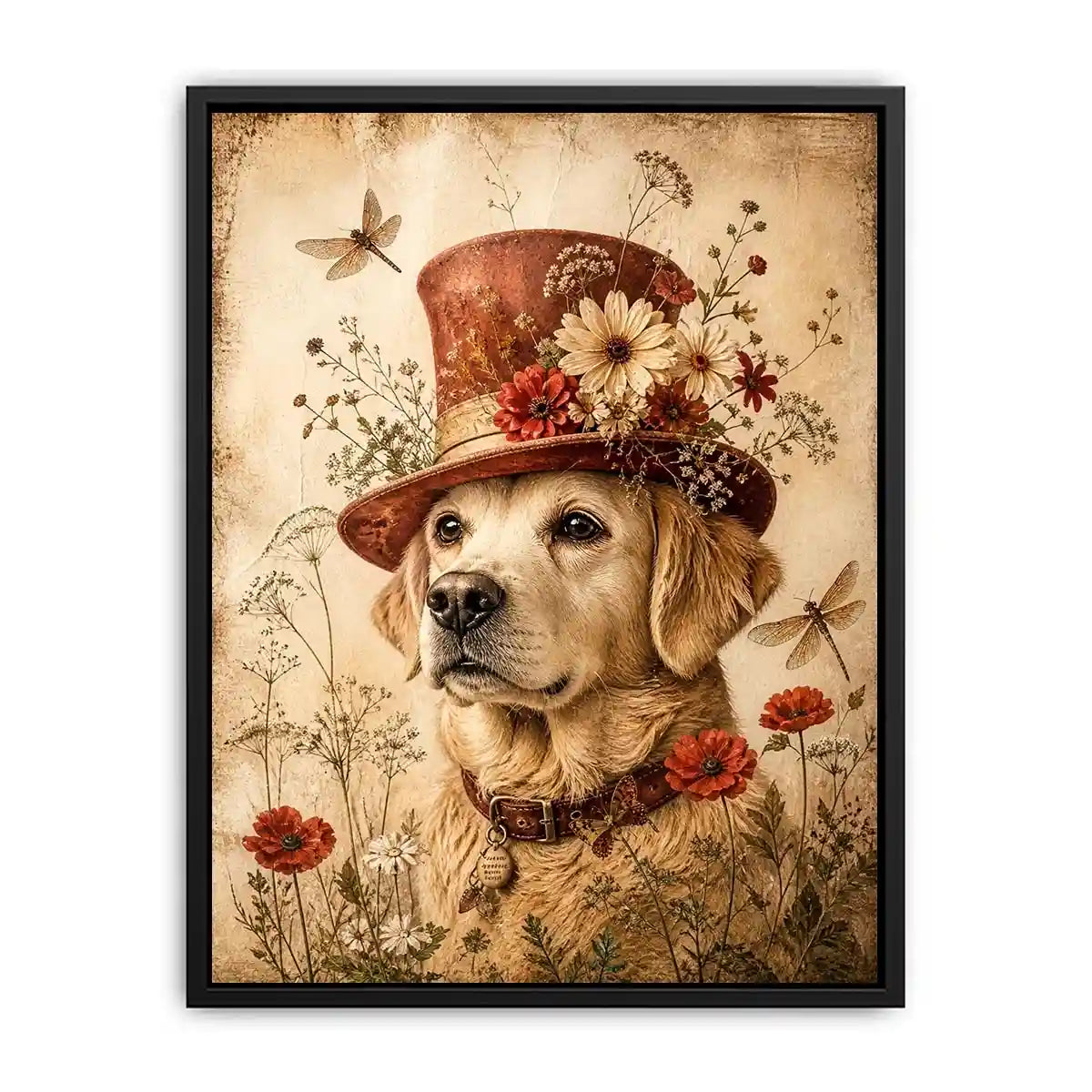 Whimsical retriever with floral hat