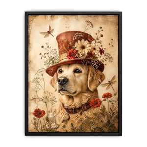 Whimsical retriever with floral hat