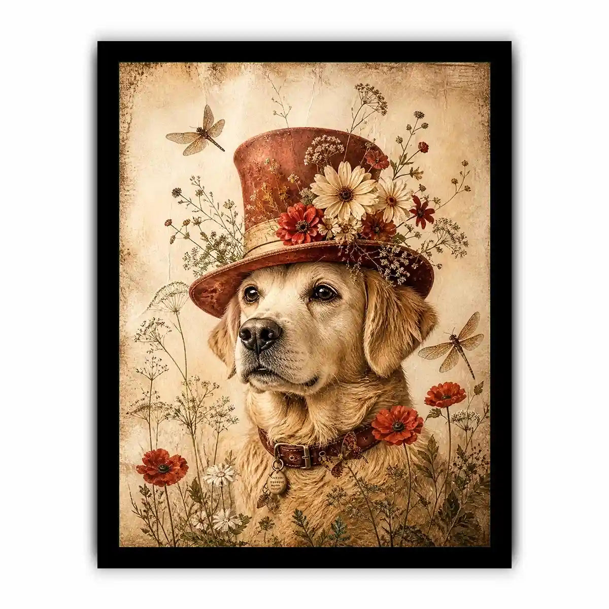 Whimsical retriever with floral hat