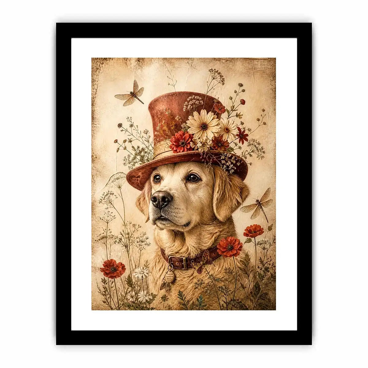 Whimsical retriever with floral hat