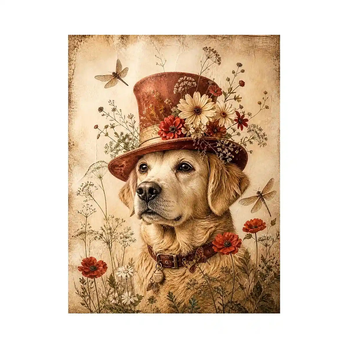 Whimsical retriever with floral hat