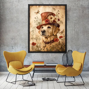 Whimsical retriever with floral hat