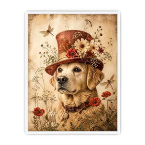 Whimsical retriever with floral hat