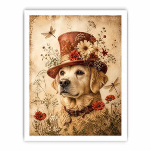 Whimsical retriever with floral hat
