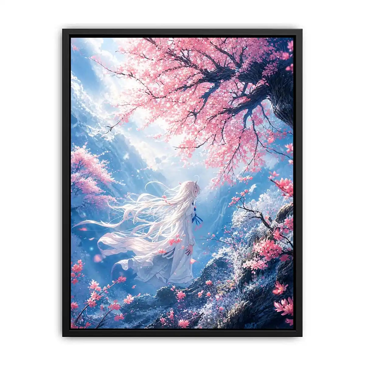 Mystical windswept cliff under sakura blossoms