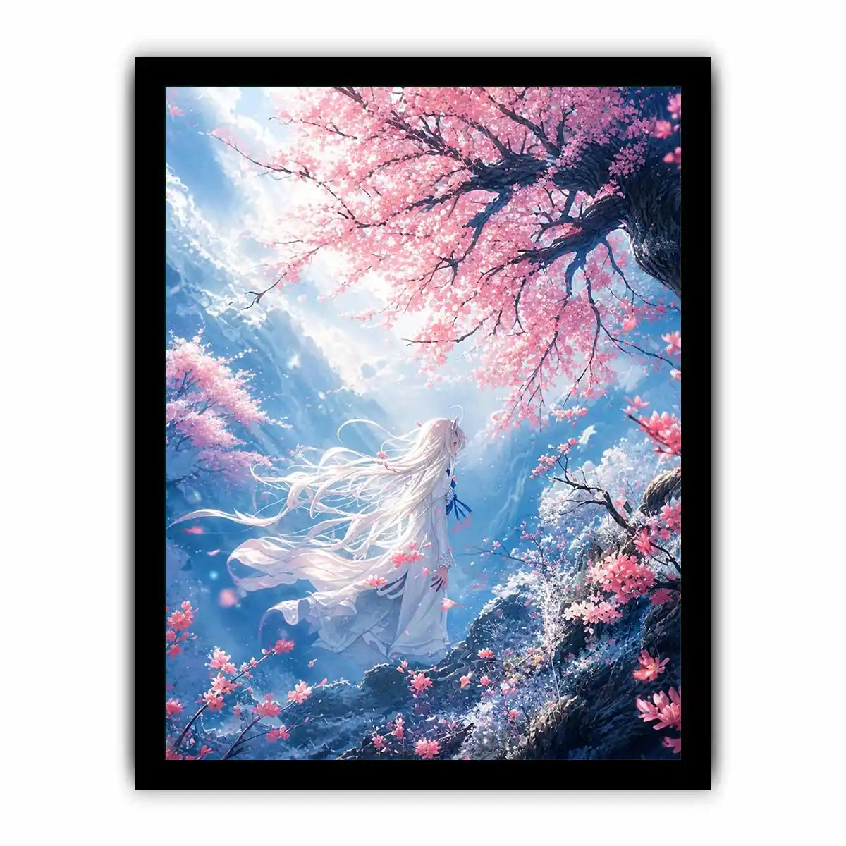 Mystical windswept cliff under sakura blossoms