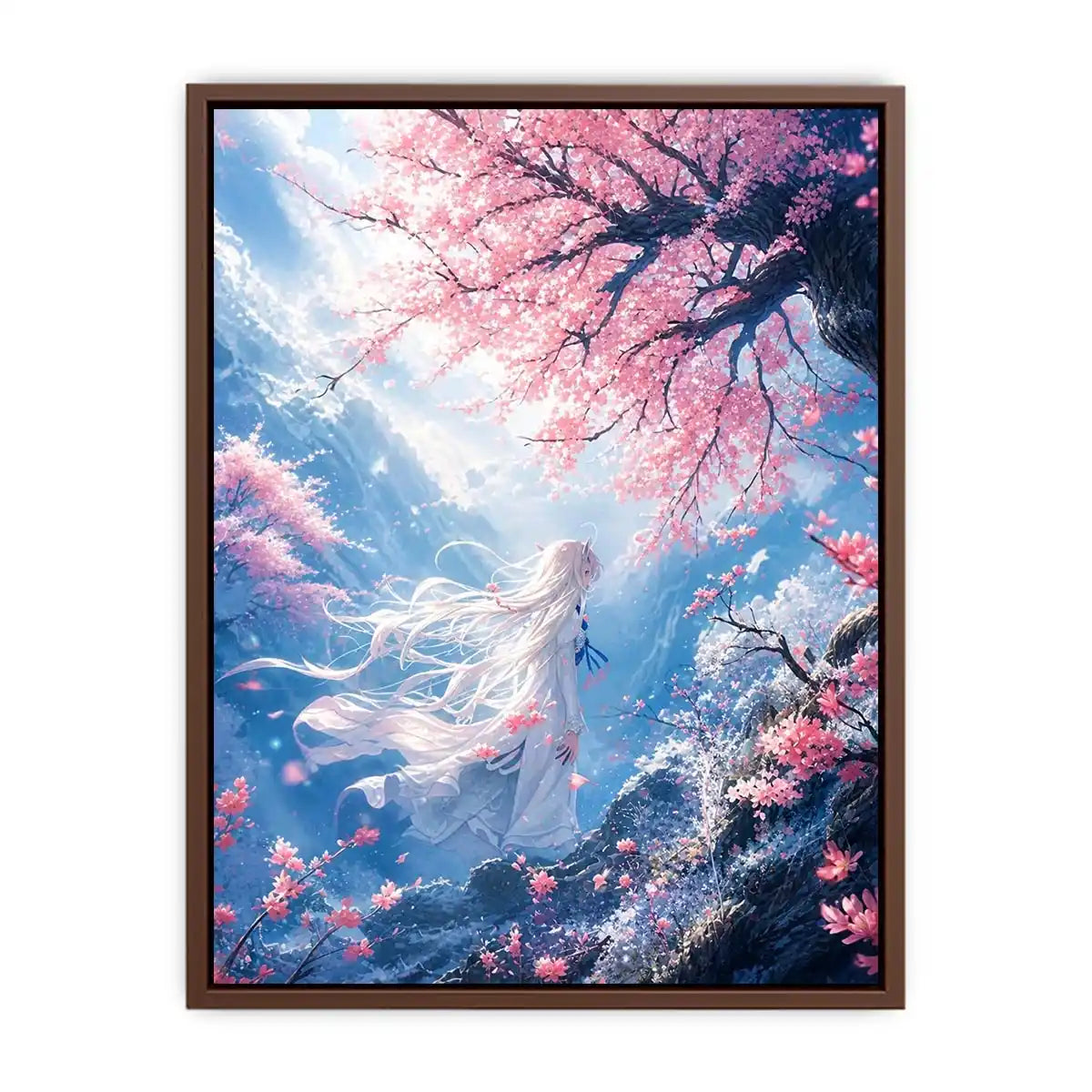 Mystical windswept cliff under sakura blossoms