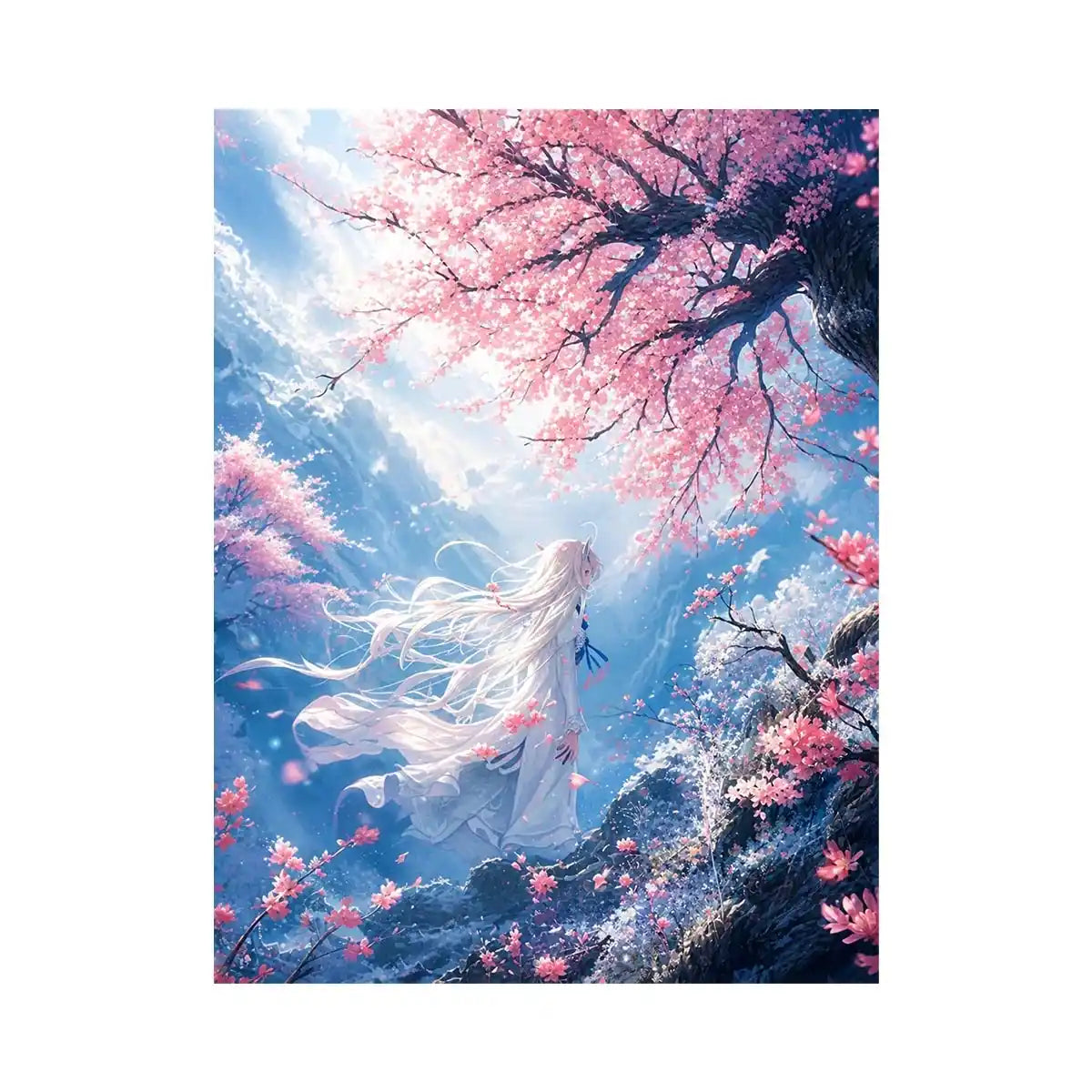 Mystical windswept cliff under sakura blossoms