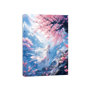 Mystical windswept cliff under sakura blossoms