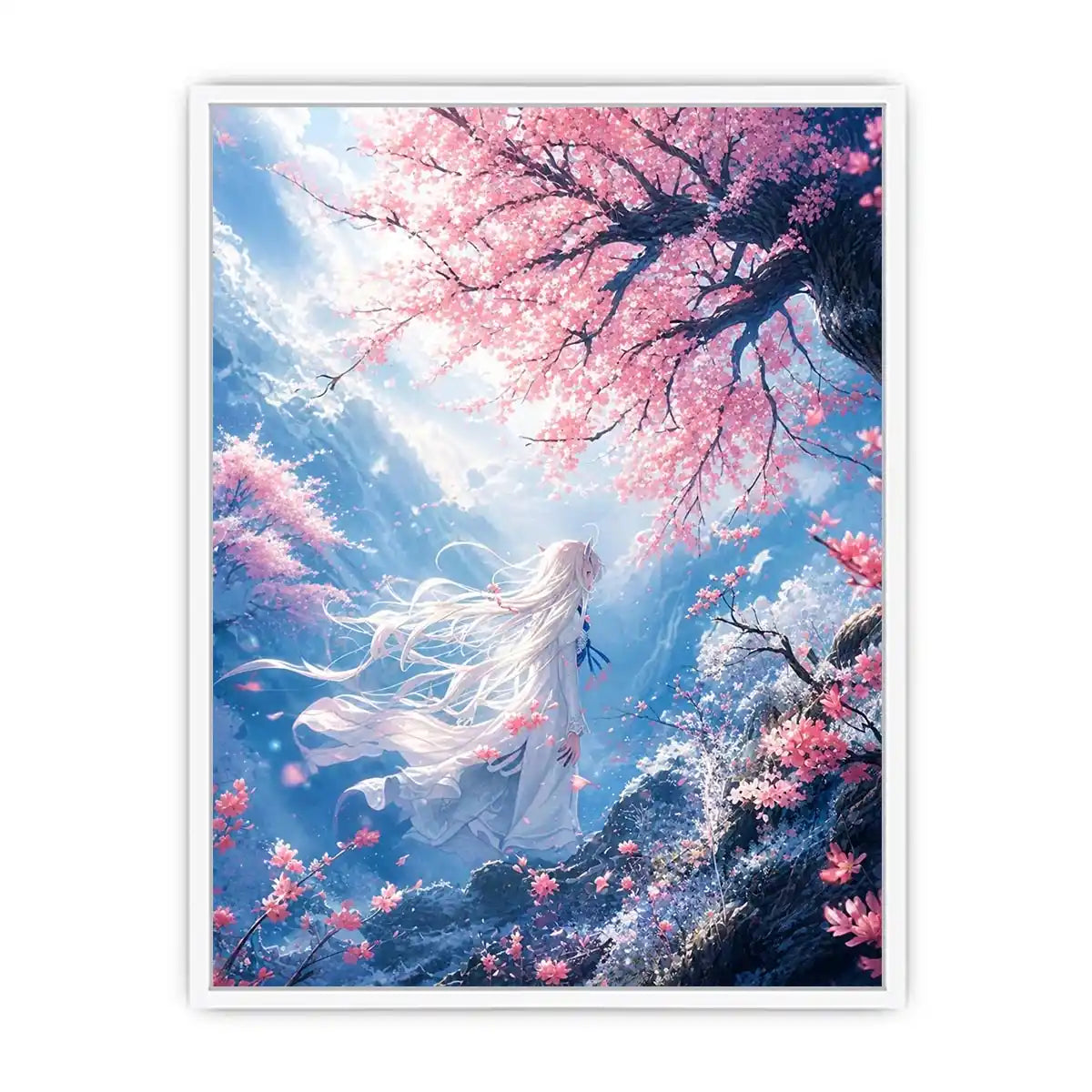 Mystical windswept cliff under sakura blossoms