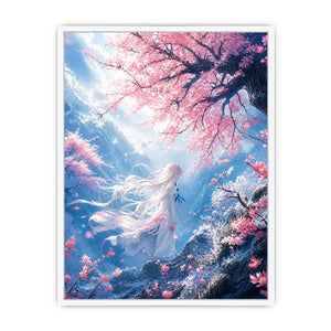 Mystical windswept cliff under sakura blossoms