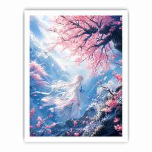 Mystical windswept cliff under sakura blossoms