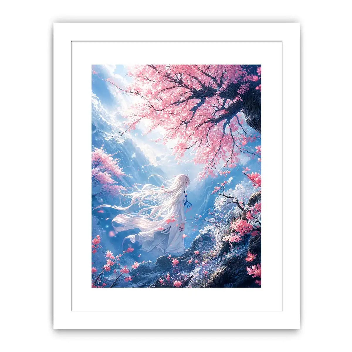 Mystical windswept cliff under sakura blossoms