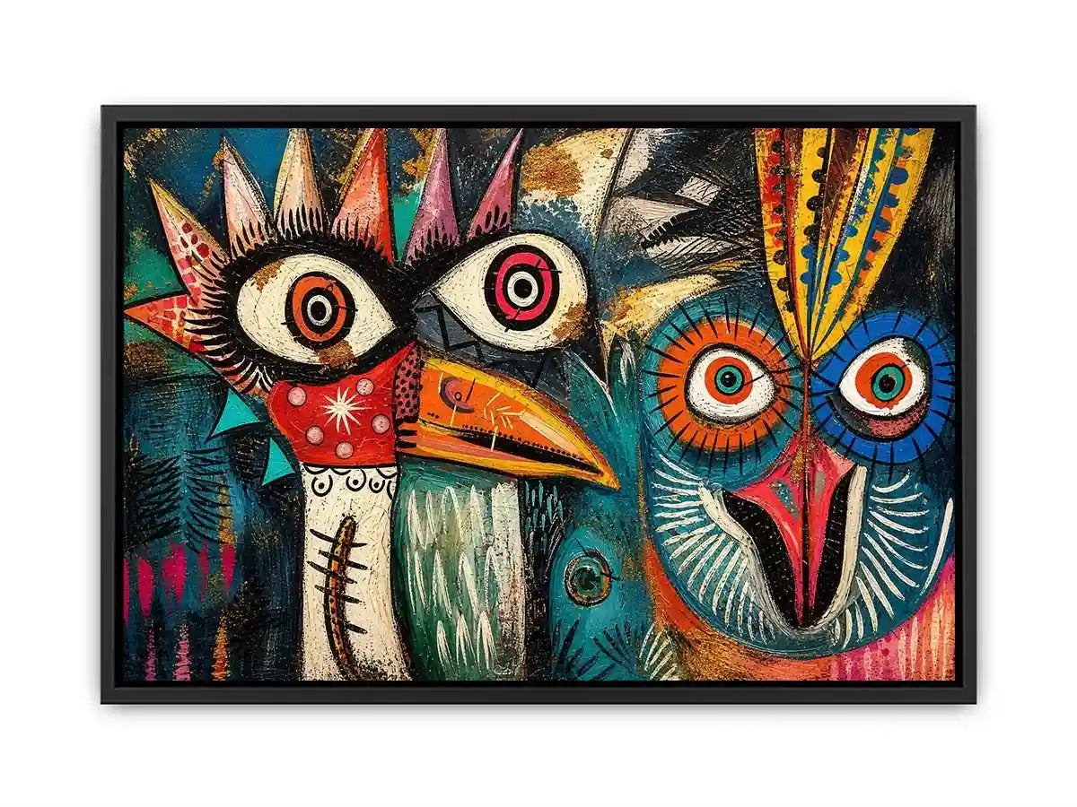 Bold tribal bird faces in color