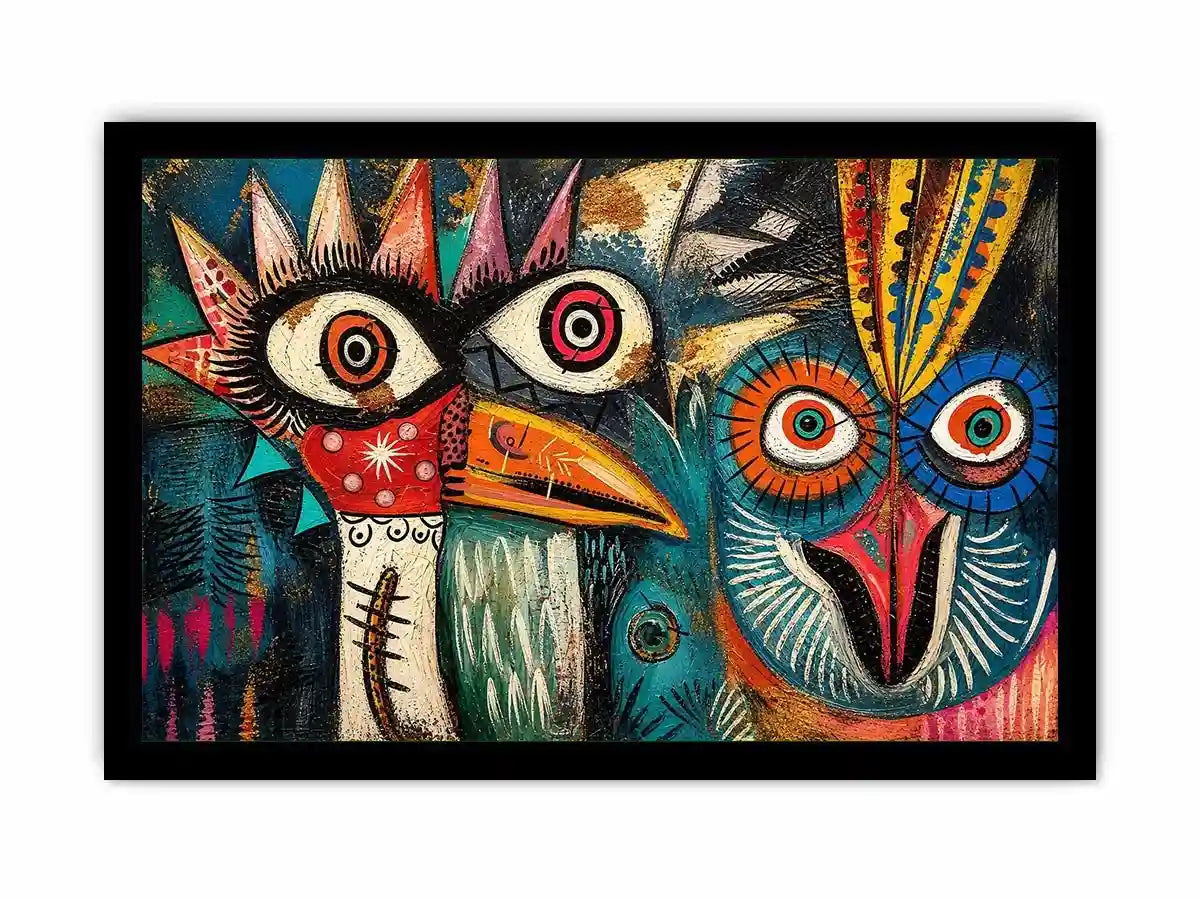 Bold tribal bird faces in color