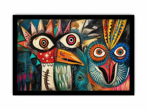 Bold tribal bird faces in color