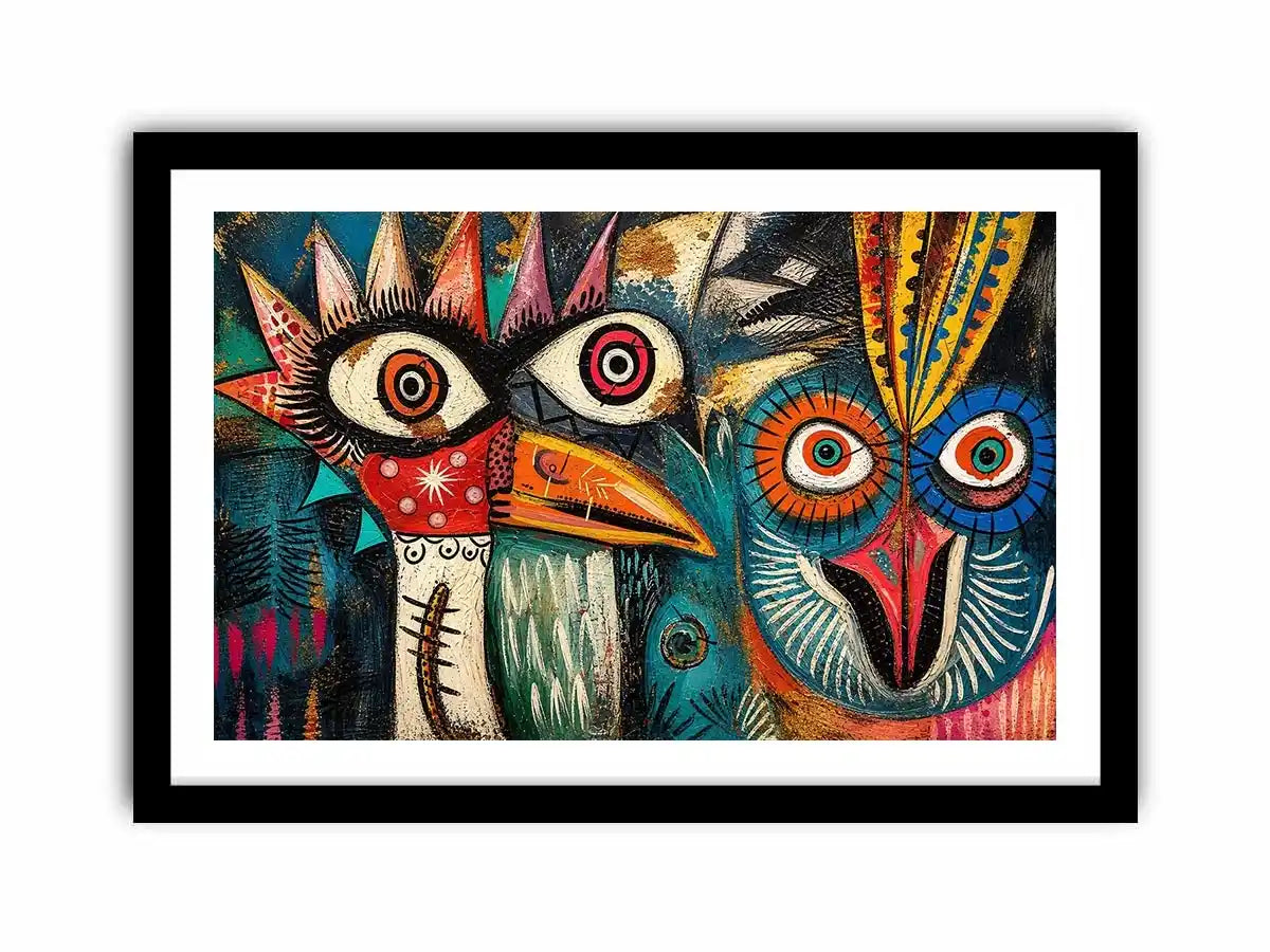 Bold tribal bird faces in color