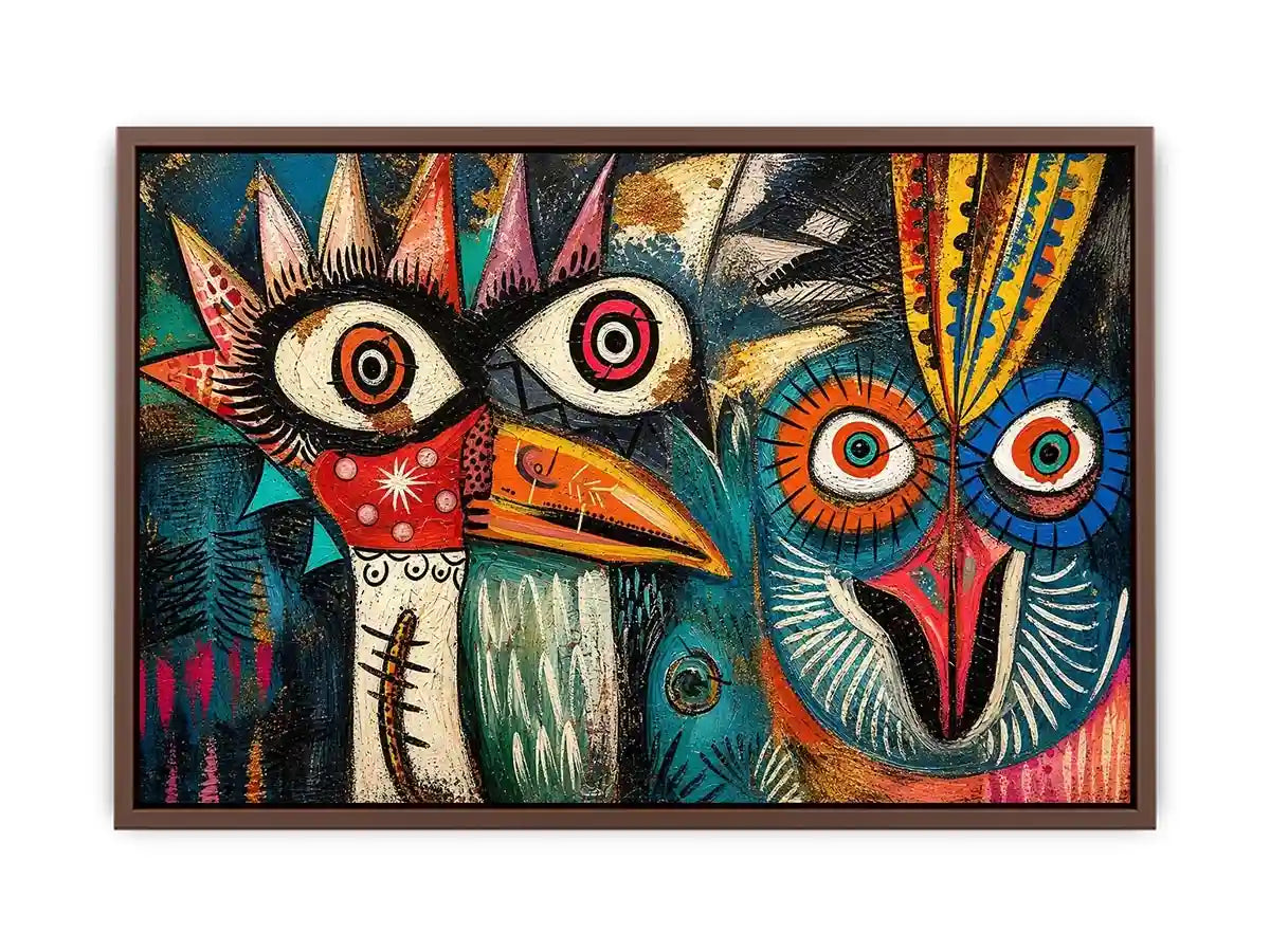 Bold tribal bird faces in color