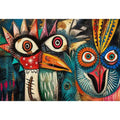 Bold tribal bird faces in color