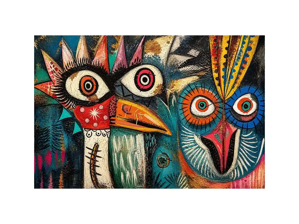 Bold tribal bird faces in color