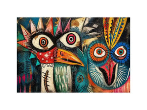 Bold tribal bird faces in color