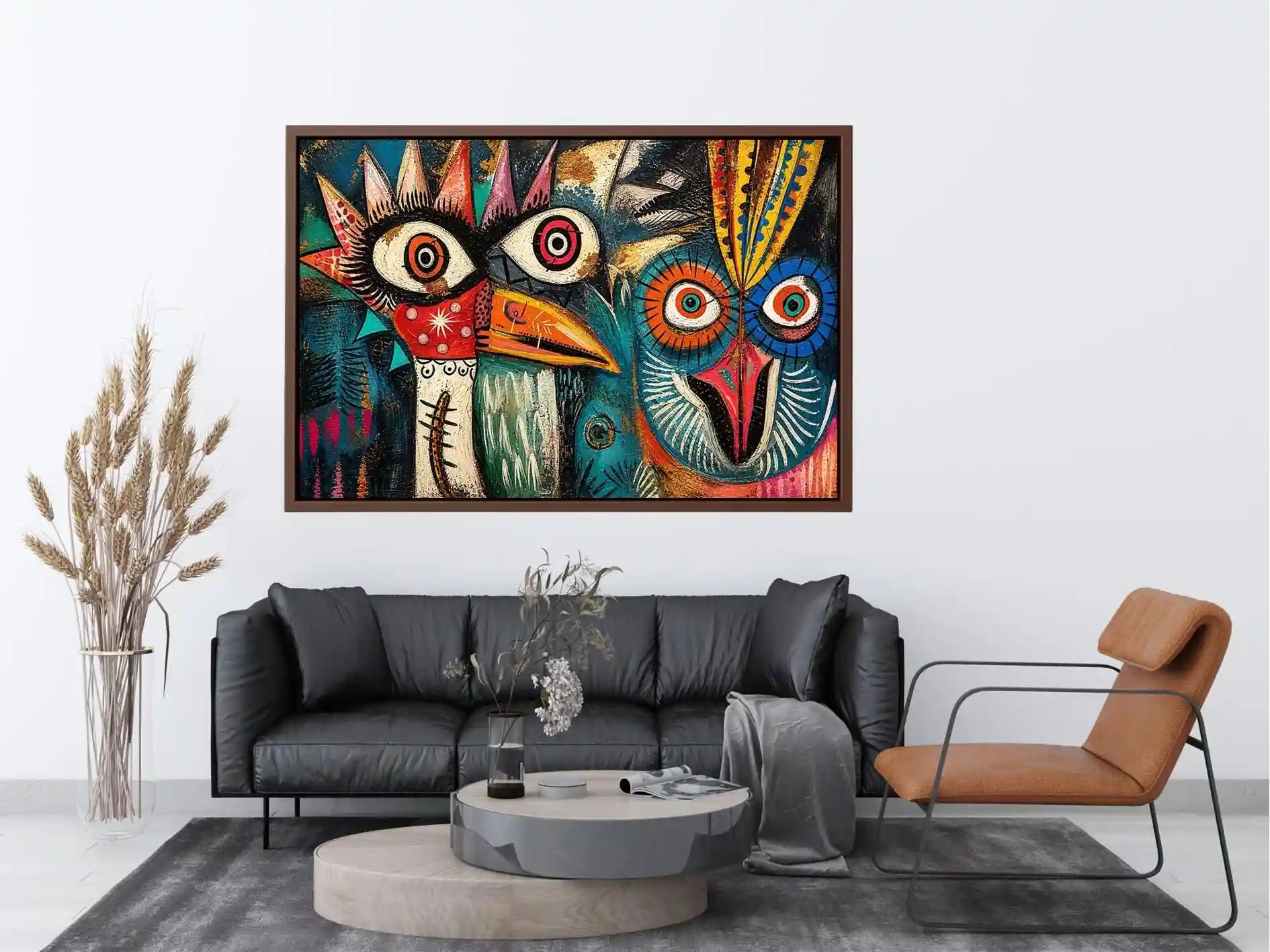 Bold tribal bird faces in color