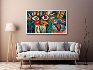Bold tribal bird faces in color