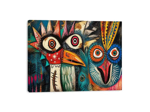 Bold tribal bird faces in color