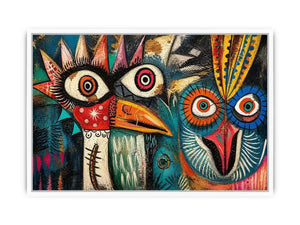 Bold tribal bird faces in color