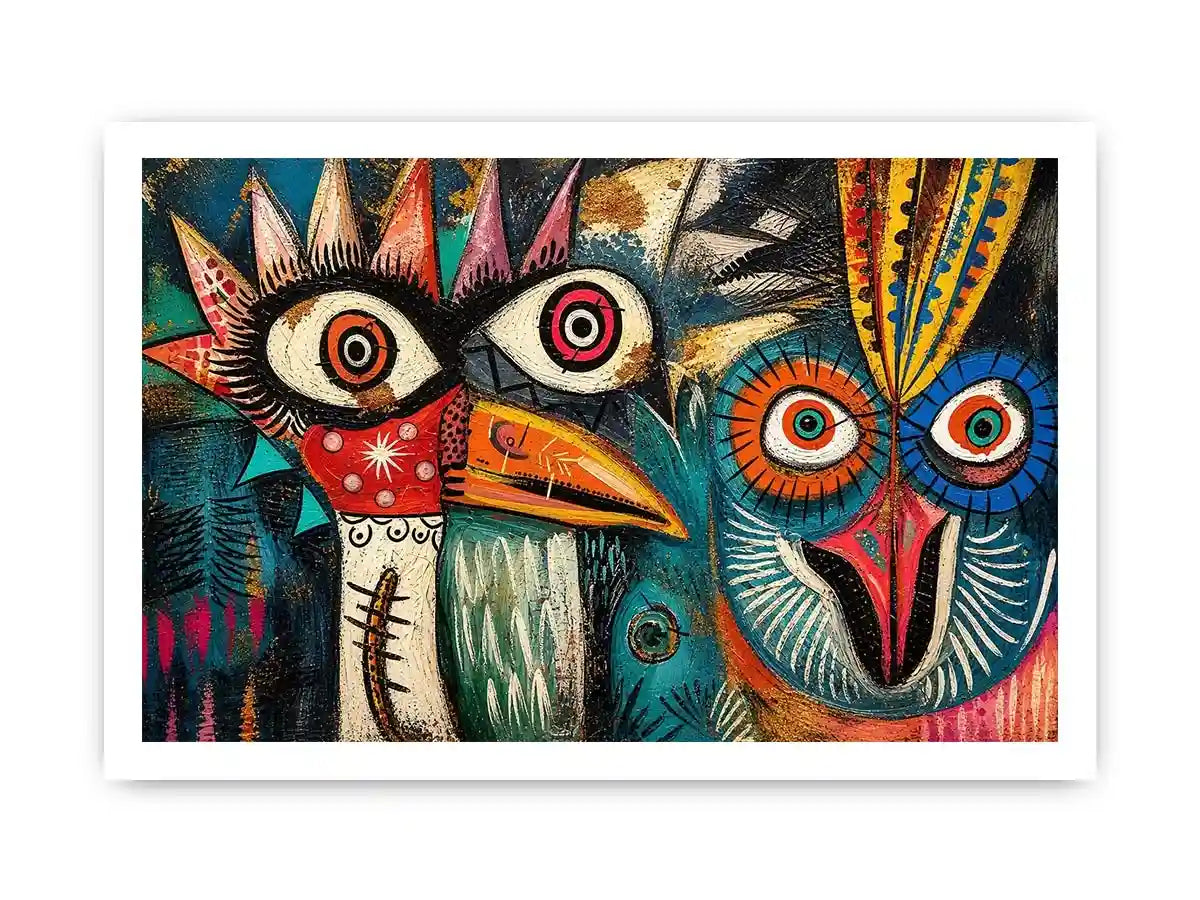 Bold tribal bird faces in color