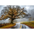Mist-covered autumn road and tree