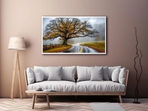 Mist-covered autumn road and tree