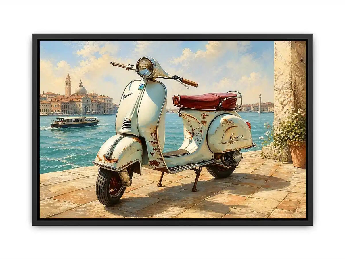 Serene Italian waterfront with vintage Vespa