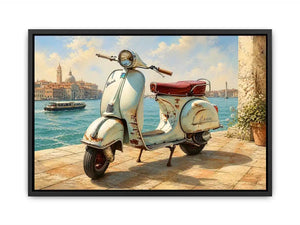 Serene Italian waterfront with vintage Vespa