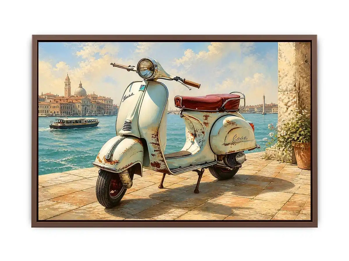 Serene Italian waterfront with vintage Vespa