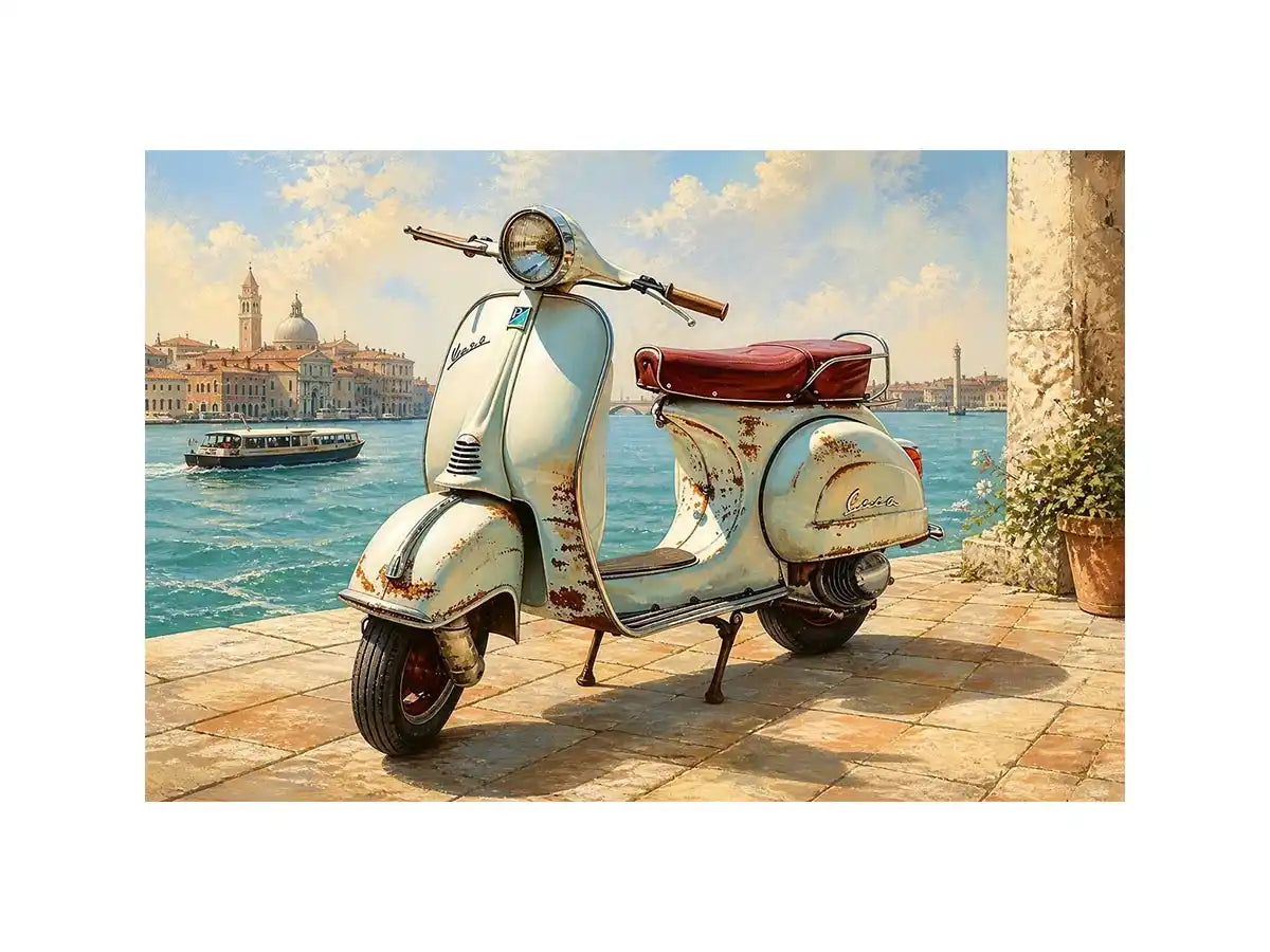 Serene Italian waterfront with vintage Vespa