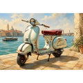 Serene Italian waterfront with vintage Vespa