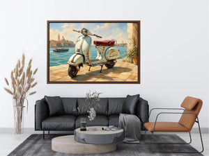 Serene Italian waterfront with vintage Vespa